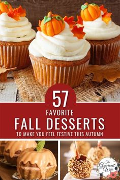 some cupcakes with white frosting and pumpkin decorations on them are featured in this post