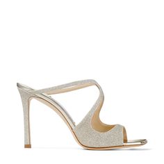 Elegant and eye-catching, our ANISE mules are presented in platinum ice dusty glitter fabric. Crafted in Italy, they feature slender straps and a modern square toe. Wear to instantly elevate day or night dressing. Silver Strappy Sandals, Jimmy Choo Bing, Perfect Wedding Shoes, Mules Sandals, Glitter Sandals, Wedding Shoes Heels, Satin Pumps, Strappy Sandals Heels, Modern Square