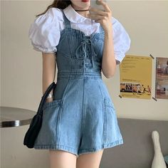 Elegant Short Denim Romper Jumpsuit – Tomscloth Denim Romper Outfit, Fesyen Korea, Summer Overalls, Romper Women, Overalls Casual, Jumpsuits Women, Pakaian Feminin, Korean Casual Outfits, Korean Fashion Dress