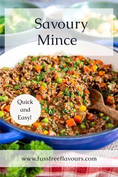 a close up of a bowl of food with the title saying savoury mince