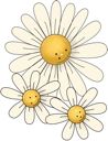 three daisies with faces drawn on them, one is yellow and the other is white