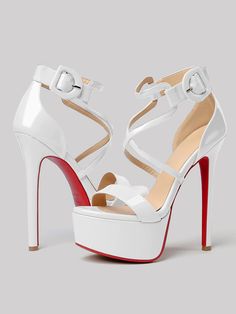 145mm Women's Open Toe Platform Sandals Ankle Strap High Heel Patent Red Bottom Summer Shoes Synthetic Sandals With Red Sole And Ankle Strap, Synthetic Ankle Strap Sandals With Red Sole, White Closed Toe Sandals With Reinforced Heel, White Sandals With Reinforced Heel And Round Toe, White Open Toe Sandals With Red Sole, White Ankle Strap Heels With Red Sole, White Heels With Red Sole And Ankle Strap, White Patent Leather Open Toe Sandals, White Open Toe Patent Leather Sandals