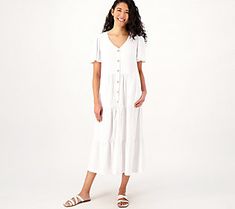 Nothing captures those vacation mode feels quite like linen -- and this midi makes it even easier with an easy-care blended fabric. Lean into this long dress for sunset suppers and cocktails with your crew -- even if reservations are on your own back deck. From Susan Graver. Summer Brunch Mid-length Maxi Dress, Summer Brunch Maxi Dress, Short Sleeve Maxi Dress With Buttons For Summer, Summer Maxi Dress With Buttons And Short Sleeves, Summer Maxi Dress With Short Sleeves And Buttons, Chic Linen Dress With Buttons For Beach, Casual Long Sleeve Midi Dress For Brunch, Mid-length Summer Sundress For Vacation, Mid-length Sundress For Summer Vacation