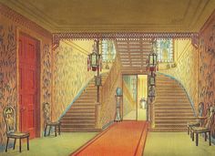 this is an image of a drawing of a hallway with stairs and carpeted walls