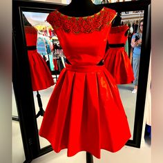 Sherri Hill Short Red Dress With Open Waist In Back. Illusion Neckline With Full A Line Skirt Sherri Hill Short, Short Red Dress, Red Dress Short, Sherri Hill Dresses, Illusion Neckline, Sherri Hill, Line Skirt, A Line Skirt, A Line Skirts