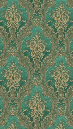 a green and gold wallpaper with an ornate design