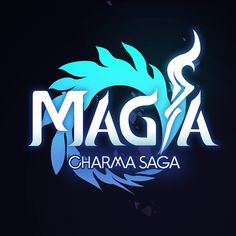 the logo for maga charma saga is shown in blue and white letters on a black background