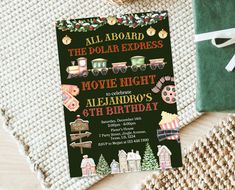 this is an image of a birthday party with train and christmas decorations on the card