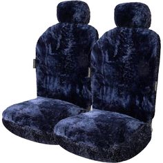 two blue car seats with black fur on the front and back, both facing each other