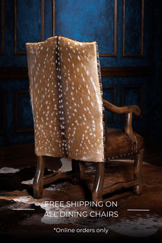 a deer hide chair with the text free shipping on all dining chairs