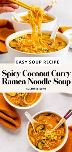 two bowls of spicy coconut curry ramen noodle soup