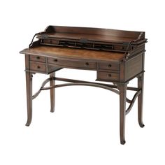 an antique writing desk with drawers on one side and a drawer on the other end