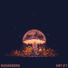 an old pixel art style image of a mushroom in the middle of some plants and rocks