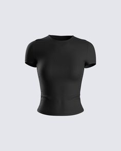 Chell Black Jersey Top Fitted Black Elastane T-shirt, Sleek Black Bodycon Tops, Fitted Crew Neck Top For Night Out, Black High Stretch Crew Neck T-shirt, Basic Crew Neck Tops For Night Out, Bodycon Short Sleeve Elastane Top, Basic High Stretch Black Tops, Fitted Crew Neck Sleek Tops, Black Crew Neck T-shirt For Night Out