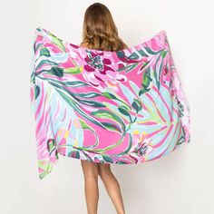 Dark Pink Floral Tropical Oblong Scarf - Pretty Crafty Lady Shop Summer Tropical Print Poolside Cover-up, Spring Tropical Print Cover-up For Poolside, Beachy Green Cover-up With Tropical Print, Beach Party Tropical Print Cover-up, Tropical Printed Cover-up For Resort Season, Printed Summer Poolside Cover-up, Spring Tropical Swimwear With Upf 50+, Vibrant Swimwear For Summer Beach Cover-up, Multicolor Poolside Cover-up For Resort Season