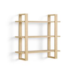 a wooden shelf with three shelves on each side and one is open to reveal the wall