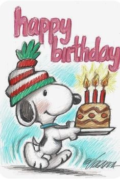 a drawing of a dog holding a cake with candles on it and the words happy birthday