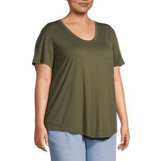 An everyday t-shirt is essential for every wardrobe to pair with everything, whether worn under a blazer or alone with jeans. This scoop-neck women's short-sleeve tee from a.n.a's plus collection is made from a super-soft jersey with a curved hem for easy layering.Features: EssentialsFit: Regular FitNeckline: Crew NeckSleeve Length: Short SleeveSleeve Style: Cap SleeveApparel Length: 29 Inches - Front, 28 Inches - BackFiber Content: 70% Rayon, 30% PolyesterFabric Description: JerseyCare: Tumble Shirt Shop, Sleeve Styles, Short Sleeve Tee, Clothing And Shoes, Scoop Neck, T Shirts For Women, Womens Shorts, Wardrobe, Green