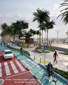 an artist's rendering of people riding bikes and walking on the sidewalk next to palm trees