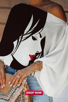 Figure Print One-shoulder T-Shirt, Casual Lantern Sleeve T-Shirt For Spring & Fall Oversized Off-shoulder Tops For Summer, Oversized Off-shoulder Summer Tops, Trendy White Off-shoulder Top, Oversized White Blouse With Graphic Print, Blouse Outfit, Lantern Sleeve, Lantern Sleeves, Spring And Fall, Lanterns