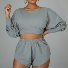 Two-Piece Shorts Set Long-Sleeve Top Round Neck Back Cut Out Pull String High Waist Shorts. Model Is Wearing A Small. Casual Long Sleeve Two-piece Tops, Two Piece Shorts, Distressed High Waisted Shorts, Two Piece Shorts Set, Mom Jeans Shorts, White Jean Shorts, Forever 21 Jeans, High Waist Shorts, American Eagle Shorts