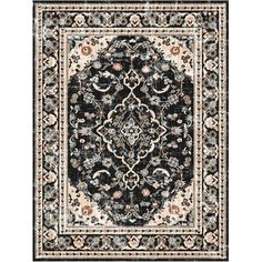 a black and beige rug with an ornate design on the bottom, in front of a white background