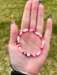 Handmade  Valentines Heart Pink and White Seed Beaded Mix Stacking Bracelet, Stretchy Bracelet Pink And White Beaded Bracelets, Valentine Bracelets Beads, Valentines Seed Bead Bracelets, Valentines Beaded Bracelet, Pink Beads Bracelets, Beads Accessories Ideas, Seed Bead Bracelet Designs, Handmade Bracelets Ideas Beads, Bracelet Ideas Seed Beads