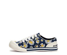 Rocket Dog Jazzin Navy Daisy Women's Sneaker Free your spirit in the Jazzin Navy Daisy women's Sneaker from Rocket Dog. Featuring a floral printed upper with an oversized Rubber cap toe, this low-top Shoe has the Rocket Dog logo embossed on the heel. The Plush Foam Comfort insole cushions, while the outsole is highlighted by a wide foxing stripe. Cotton upper Lace-up closure Cotton lining Plush Foam insole  Rubber outsole Cotton Sneakers With Floral Print For Spring, Spring Floral Print Cotton Sneakers, Casual Cotton Floral Print Sneakers, Casual Floral Print Cotton Sneakers, Casual Sneakers With Graphic Print For Spring, Casual Sneakers With Graphic Print For Summer, Rocket Dog Shoes, Rack Room Shoes, Rack Room