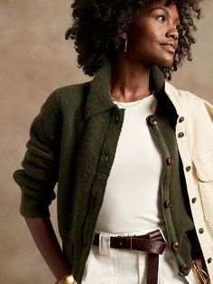 Heritage Sweater Bomber Jacket with Responsible Wool | Banana Republic Charm Bracelet Watch, Trendy Fall Fashion, Palm Green, Fall Winter Wardrobe, The Sheep, Soft Sweater, Softest Sweater, Who What Wear, The Land