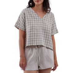 PRICES MAY VARY. The short-sleeved summer tops for women are made of premium pure linen fabric, pre-shrunk, light-weight and breathable. A woven linen crop tops feature a short batwing sleeve, striped or plaid pattern, v-neckline, crop length, and relaxed fit. Women's basic linen short sleeve blouse can be team with most of our linen pants, skirts, shorts, and other casual bottom. Our linen v-neck tops are great for daily wear, casual, shopping, work, picnic, beach, holiday, or any occasion. Thi Linen Crop Top, Linen Short Sleeve, Linen Crops, Casual Bottoms, Summer Stripes, Summer Crop Tops, Linen Short, Neck Crop Top, Womens Basic