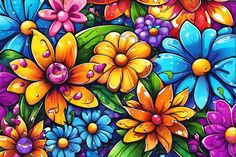 an image of colorful flowers painted on canvas