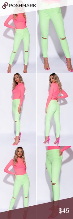 Neon Green High Rise Jegging Look effortlessly stylish in these skinny fit jeggings featuring high waist & multi slash rip detail. Style yours with one of our cute crop tops & heels for a chic look. -waistband has little to no stretch -model is 5ft 7" & wears US size 4 -69% Cotton 30% Polyester 1% Elastane -machine washable *European sizes have been converted to US sizes Lady Bijou Jeans Skinny Cute Crop Tops, Neon Green, Jeggings, Leather Pants, High Waist, High Rise, Size 4, Neon, High Waisted