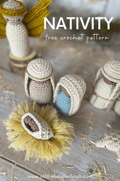 three crocheted nativity items on a wooden table