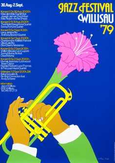 an advertisement for the jazz festival, with a man holding a trumpet and flower in his hand