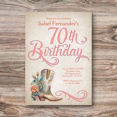 an old fashioned cowboy boots birthday party card with the words,'70th birthday '