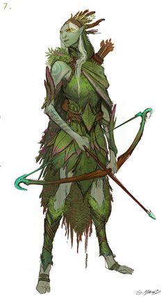 a drawing of a woman holding a bow and arrow in her right hand, wearing green clothing