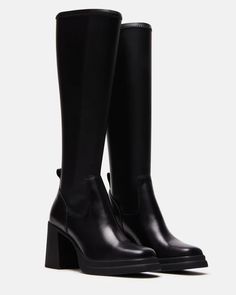 ZENOVIA Black Square Toe Knee High Boot | Women's Boots – Steve Madden Closet Revamp, Winter Board, Dr Shoes, Black High Boots, Cinderella Story, Shoes Heels Classy, Black Knee High Boots, Leather Socks, Knee Boot