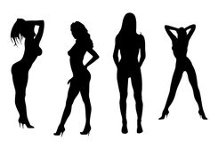 the silhouettes of three women in high heels and tight clothes, one standing up with her hands on her hips