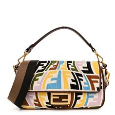 This is an authentic FENDI X SARA COLEMAN Canvas Vitello King Seta FF Fish Eye Embroidered Baguette in Grezzo, Multicolor, and Ghianda. This stylish shoulder bag is finely crafted of Fendi FF canvas in multicolor. The bag features brown leather trim, a matching leather top handle, an optional canvas shoulder strap, and gold hardware. The crossover flap opens with a gold Fendi FF logo clasp to a natural fabric interior with a zipper pocket. Ff Logo, Fish Eye, Stylish Shoulder Bag, Holy Grail, White Fabric, Free Bag, Natural Fabrics, White Fabrics, Bag Straps