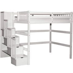 a white loft bed with stairs and storage drawers underneath the bunkbed is shown in front of a white background