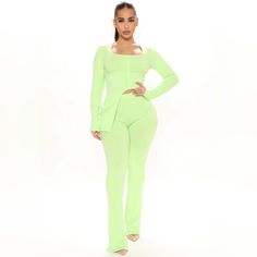 Pant Set, Long Sleeve, Cropped, Asymmetrical Hem, High Rise Pant, Flare Leg, Stretch. Lime Color Green Fitted Pant Set For Party, Fitted Green Pant Set For Party, Spring Stretch Pantsuit For Night Out, Green Pant Set For Spring Party, Fitted Asymmetrical Sets For Spring, Spring Party Green Pant Set, Chic Green Pant Set For Spring, Green Fitted Pantsuit For Night Out, Fitted Green Pantsuit For Night Out