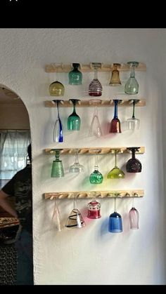 Living Room Drink Station, Kitchen Counter Aesthetic Apartment, Colorful Aesthetic Kitchen, Minimal But Colorful, Wine Glass Rack Wall, Cool Kitchen Aesthetic, Apartment Bathroom Diy Rental, Studio Hacks Small Apartments, Kitchen Apt Decor