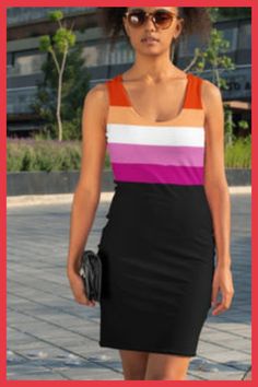 Beautiful sleeveless lesbian flag dress, soft and stretchy material, comfortable all day wear. Stunning looking bodycon style lesbian pride dress. Only available here. Click to see it now... Black Bodycon Tank Top For Summer, Trendy Black Bodycon Dress For Summer, Trendy Black Bodycon Summer Dress, Striped Stretch Bodycon Summer Dress, Striped Stretch Bodycon Dress For Summer, Casual Knee-length Tank Top, Striped Sleeveless Bodycon Dress, Sleeveless Color Block Dress For Night Out, Black Bodycon Dress For Summer