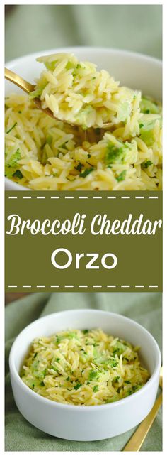 broccoli cheddar orzo in a white bowl on a green cloth