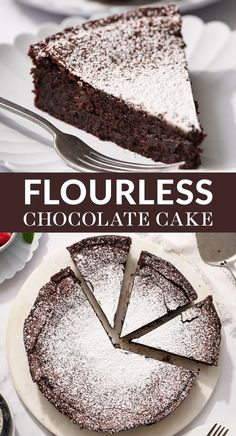 a chocolate cake with powdered sugar on top and the words flourless chocolate cake above it