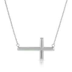 Elegant white gold cross, approximately one inch in size, set sideways on a delicate chain. Sterling Silver White Gold Cross Necklace With Adjustable Chain, White Gold Cross Necklace With Adjustable Chain, White Gold Sterling Silver Cross Necklace With Adjustable Chain, White Gold Polished Cross Necklace, Polished Cross Necklace For Formal Occasions, Formal Polished Cross Necklace, Formal Polished Cross Pendant Necklace, Classic Sterling Silver Cross Necklace For Formal Occasions, Polished White Gold Sterling Silver Cross Necklace