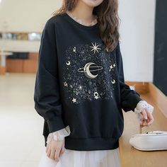 Fabric Material: Cotton BlendColor: BlackSize Chart: M. L. XL. 2XL Size Length Bust Sleeve Shoulder M 64cm/25.22" 120cm/47.28" 65cm/25.61" 50cm/19.70" L 66cm/26.00" 124cm/48.86" 66cm/26.00" 51cm/20.09" XL 68cm/26.79" 128cm/50.43" 67cm/26.39" 52cm/20.49" 2XL 70cm/27.58" 132cm/52.01" 68cm/26.79" 53cm/20.88" Galaxy Sweater, Cute Kawaii Outfits, Star Space, Halter Dress Short, Space Outfit, Lace Sweatshirt, Space Stars, Themed Outfits, Goth Fashion