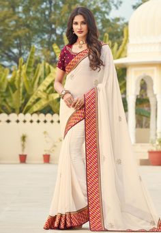 Off white georgette festival wear saree 3613  Desc:  Color : Off White Fabric : Georgette Work : Embroidery Wash Care : Dry clean Sleeve Style : Short Sleeve Long Sleeves : Done only in Custom Stitch Sleeves Lining : Done only in Custom Stitch Bust Size : 32 to 42 Inches Occasion : Festival   Christmas   Diwali   Engagement   Ceremonial   Pongal   Lohri   Gudi Padwa   Onam. With Express Free Shipping and Custom Stitching, Buy Indian Wedding Party Wear Saree Off white georgette festival wear sare Off White Designer, Designer Sarees Wedding, White Saree, Designer Sarees Online, Net Saree, Art Silk Sarees, Saree Shopping, Indian Saree, Georgette Saree