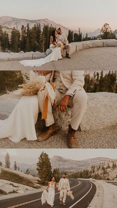 a couple sitting on the side of a road next to each other