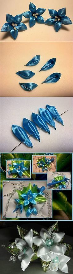 several different images of blue flowers and leaves